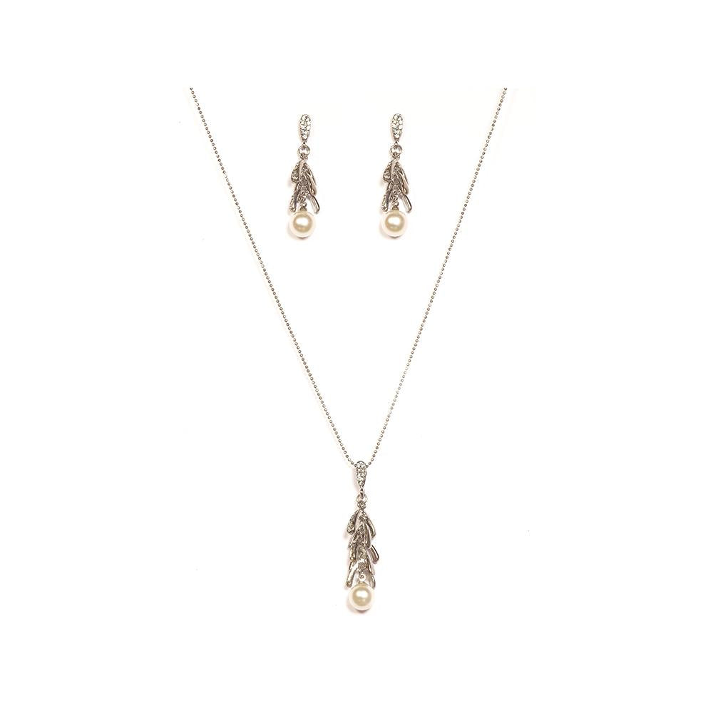 Urthn Austrian Stone Pearl Rhodium Plated Pendant Set - 1200814
