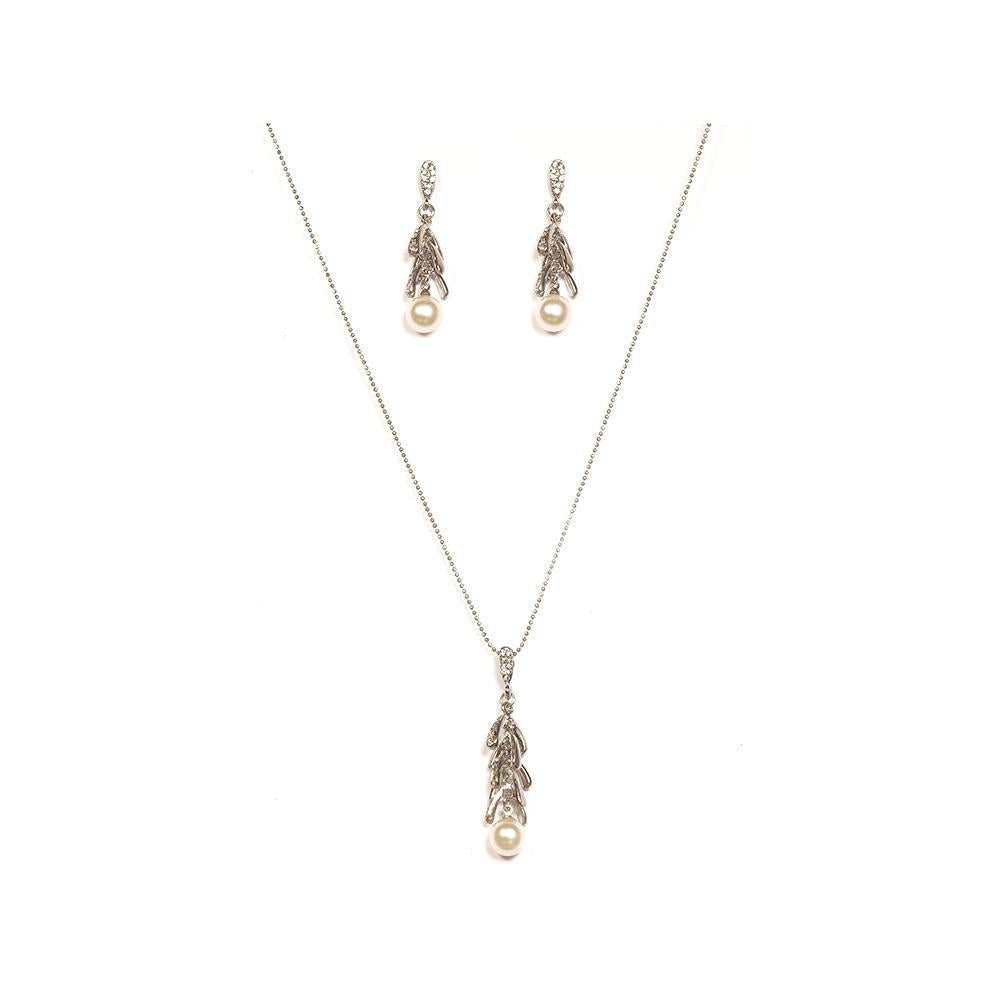 Urthn Austrian Stone Pearl Rhodium Plated Pendant Set - 1200814