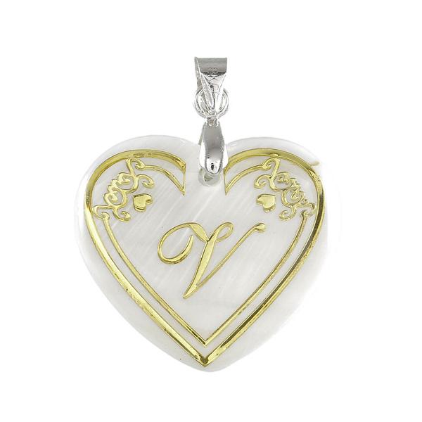 Regina Alphabet V" Heart Shaped Shell Pendant