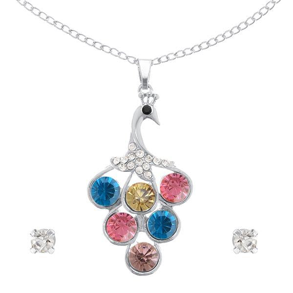 Urthn Multicolor Austrian Stone Peacock Silver Plated  Pendant set - 1202510