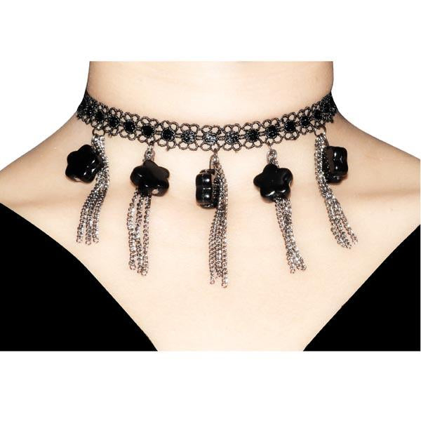 Jeweljunk Black Lace Hanging Chain Beaded Adjustable Tattoo Choker Necklace - 1203411