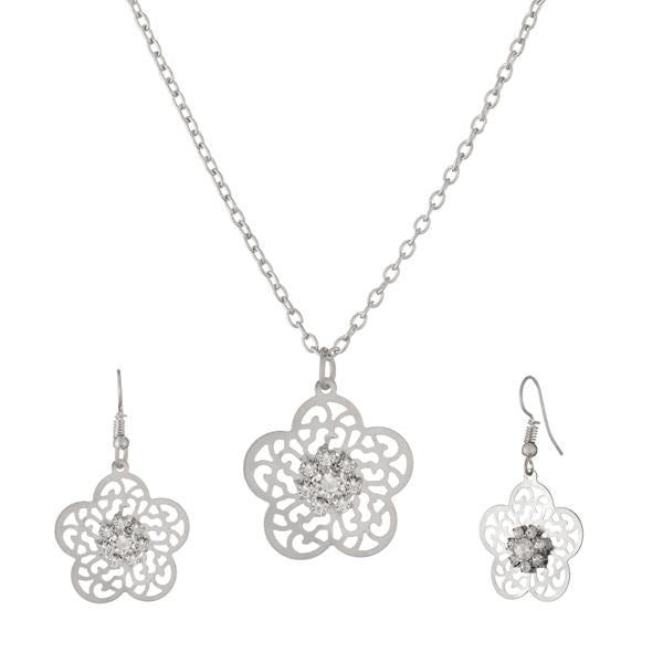 Kriaa Rhodium Plated White Austrian Stone Pendant Set - 1203903B