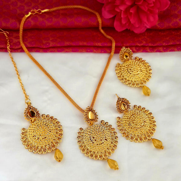 Kriaa Gold Plated Brown Stone Pendant Set