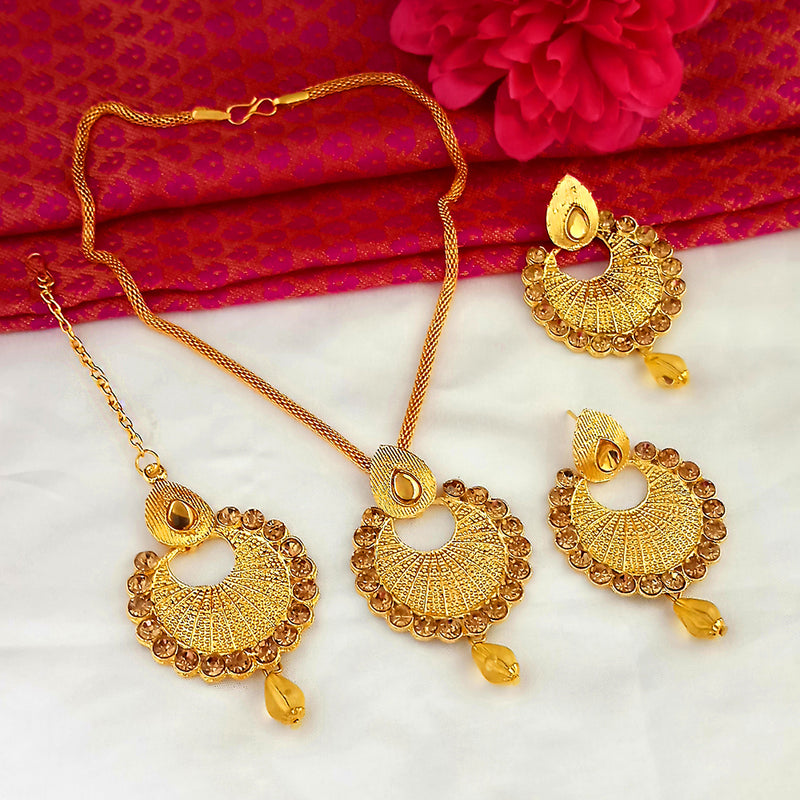 Kriaa Gold Plated Brown Stone Pendant Set