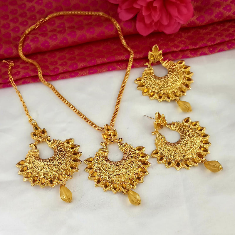 Kriaa Gold Plated Brown Stone Pendant Set