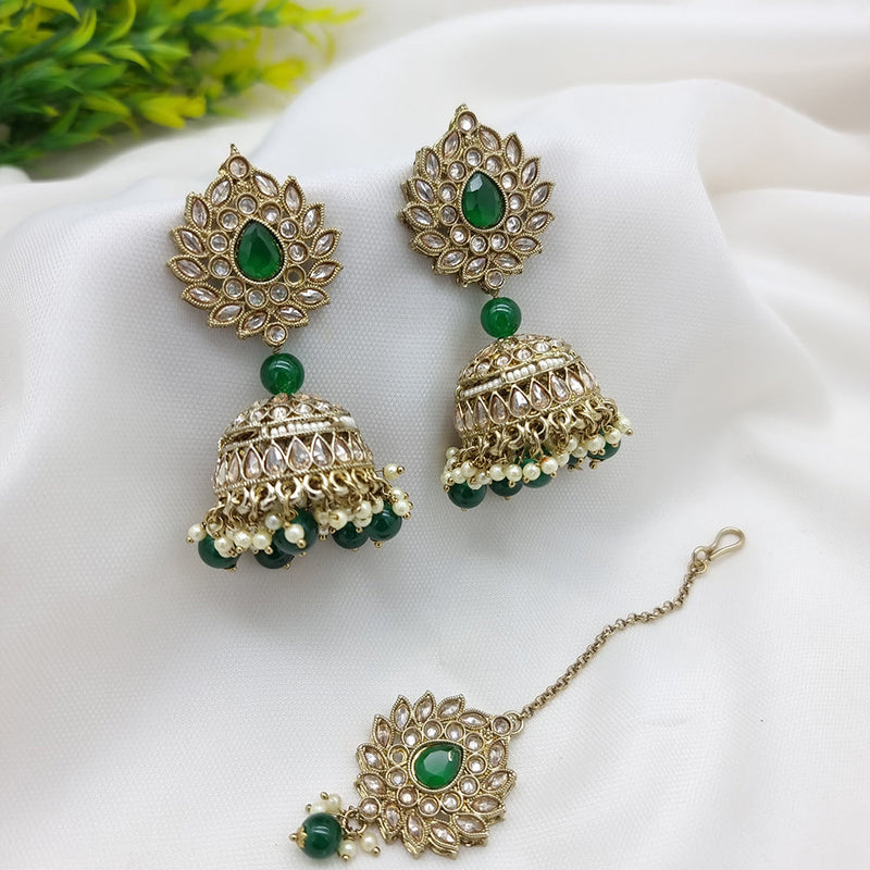 JCM Gold Plated Crystal Stone Jhumki Earrings With Maangtikka