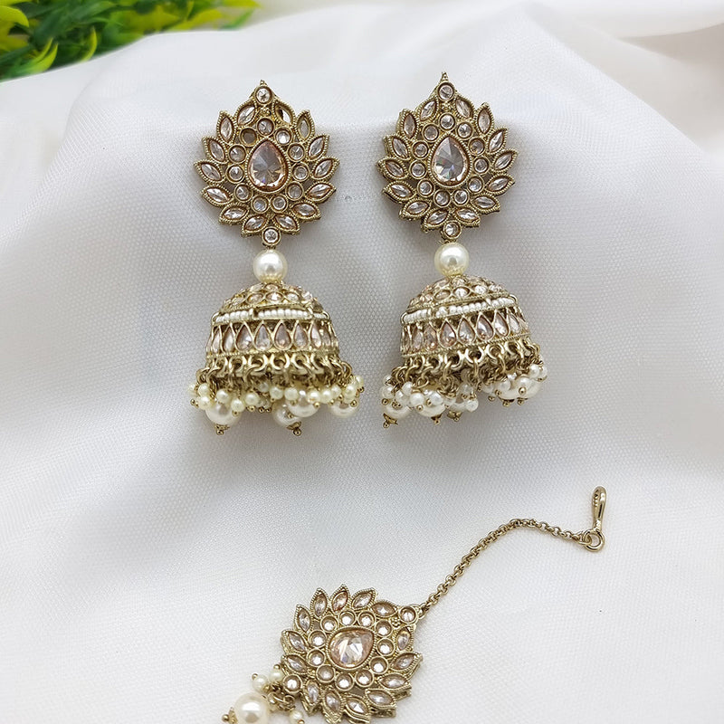 JCM Gold Plated Crystal Stone Jhumki Earrings With Maangtikka