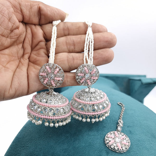JCM Silver Plated Reverse AD Stone Kanchain Earring With Maangtika