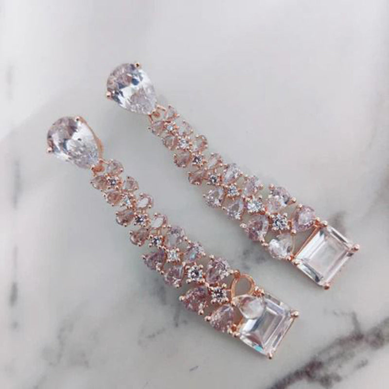 JewelTreeTz Rose Gold Plated AD Stone Dangler Earrings