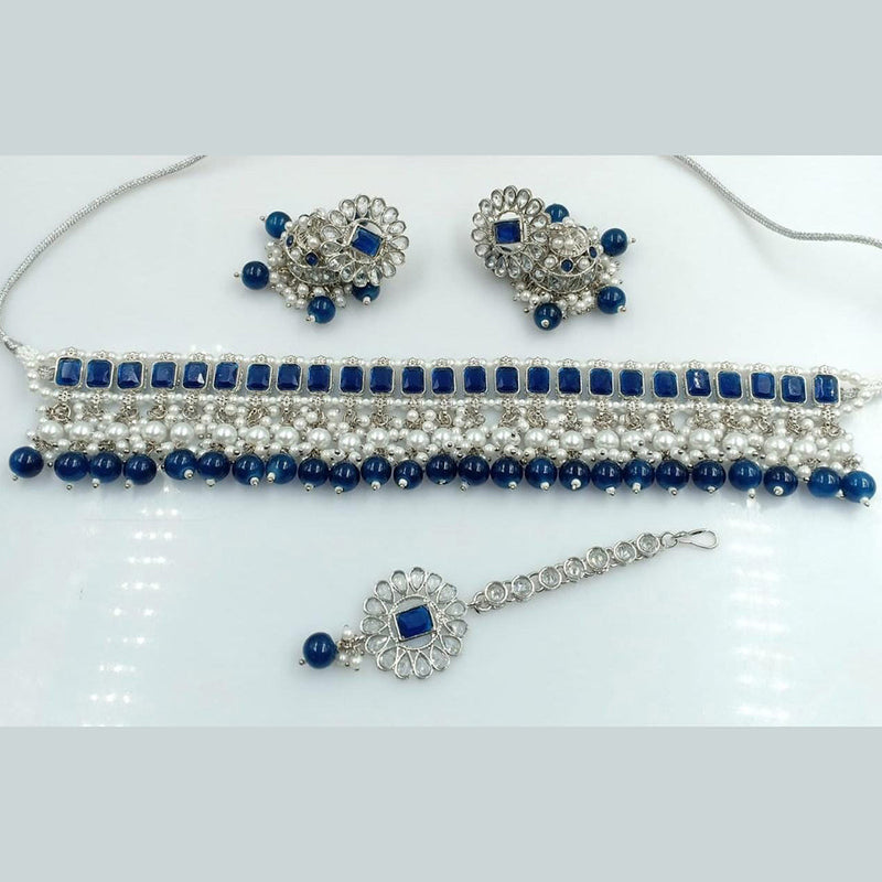 Rani Sati Jewels Silver Plated Reverse AD Choker Necklace Set