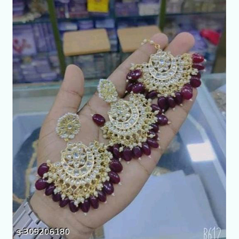 Shree Chamunda Jewellers Gold Plated Kundan Dangler Earrings With Maangtikka
