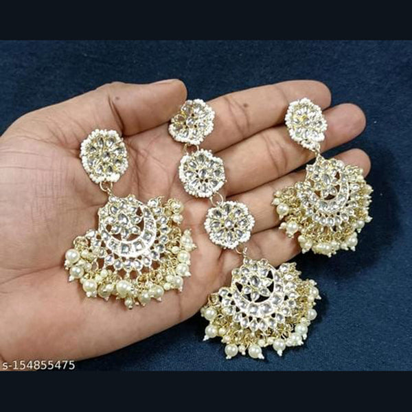 Shree Chamunda Jewellers Gold Plated Kundan Dangler Earrings With Maangtikka