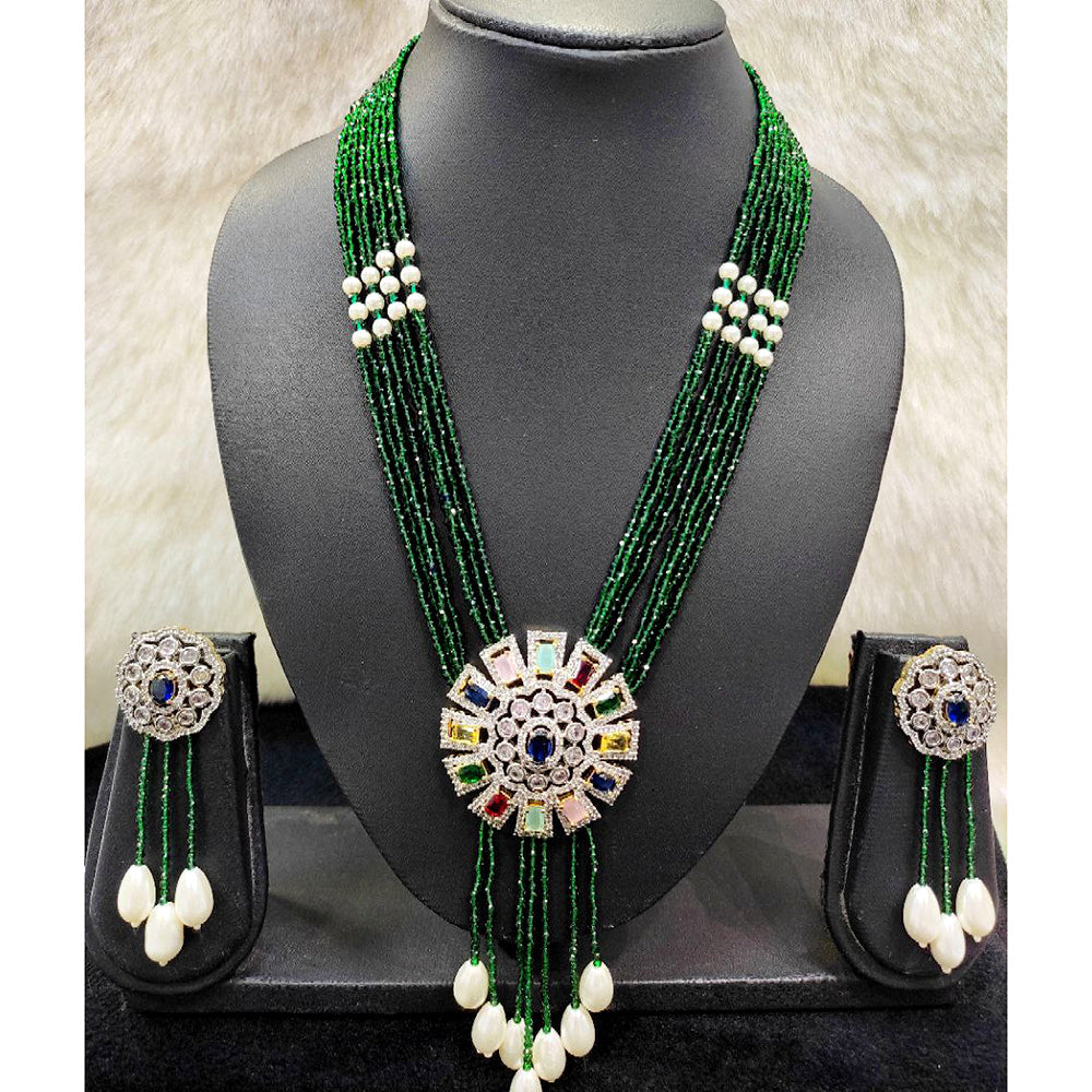 Aamrapali Silver Plated AD And Pearls Long Necklace Set