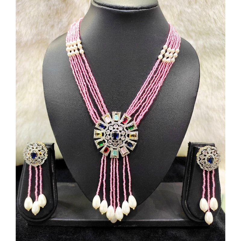 Aamrapali Silver Plated AD And Pearls Long Necklace Set