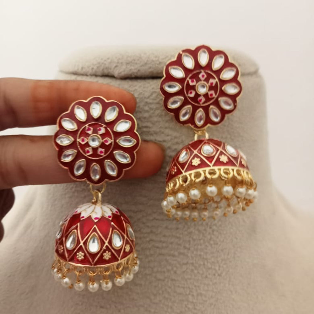 Marudhar Creations Kundan And Meenakari Jhumki Earrings