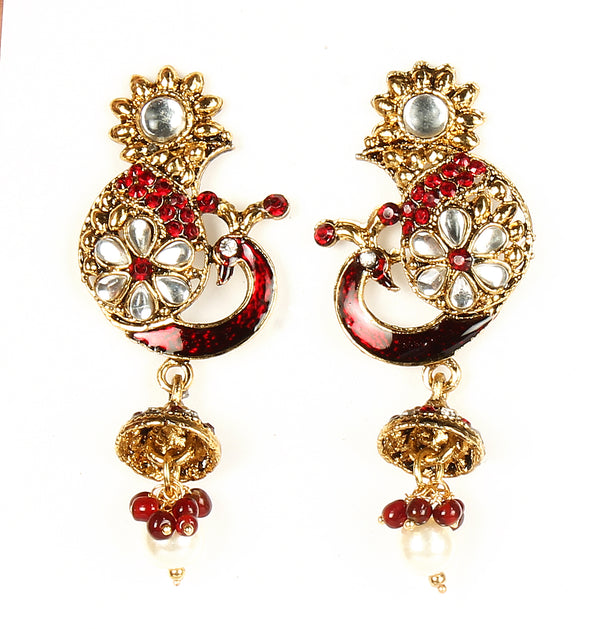 Kriaa Gold Plated Peacock Shaped Pearl Drop Kundan Jhumki Earring