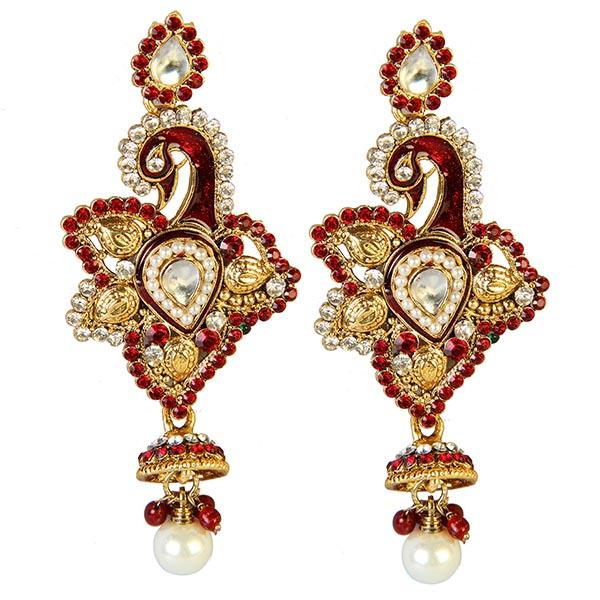 Kriaa Red Austrian Stone Meenakari Peacock Dangler Earrings - 1300402