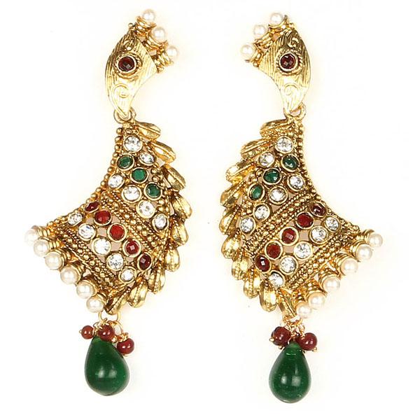 Kriaa Green Austrian Stone Gold Plated Dangler Earrings - 1300423