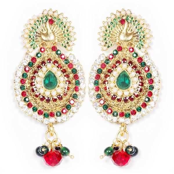 Kriaa Green Austrian Stone Peacock Design Dangler Earrings - 1300432