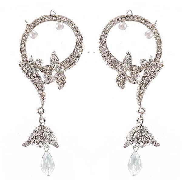 Kriaa Austrian Stone Rhodium Plated Ear Cuff Dangler Earrings - 1300539