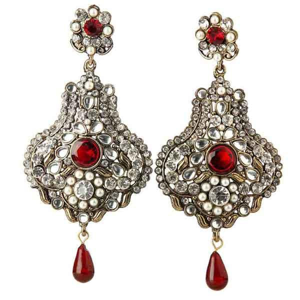 Kriaa Kundan Red Austrian Stone Gold Plated Dangler Earrings - 1301019