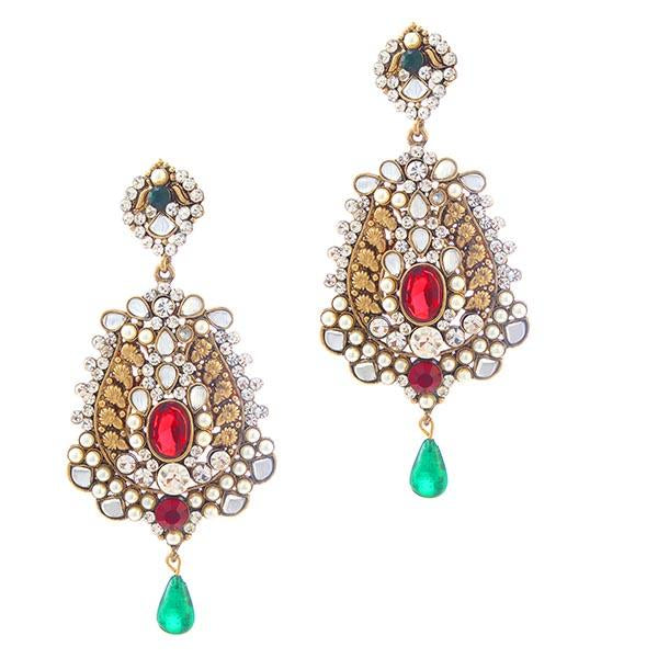 Tip Top Fashions Red Stone Kundan Pearl Dangler Earrings - 1301028
