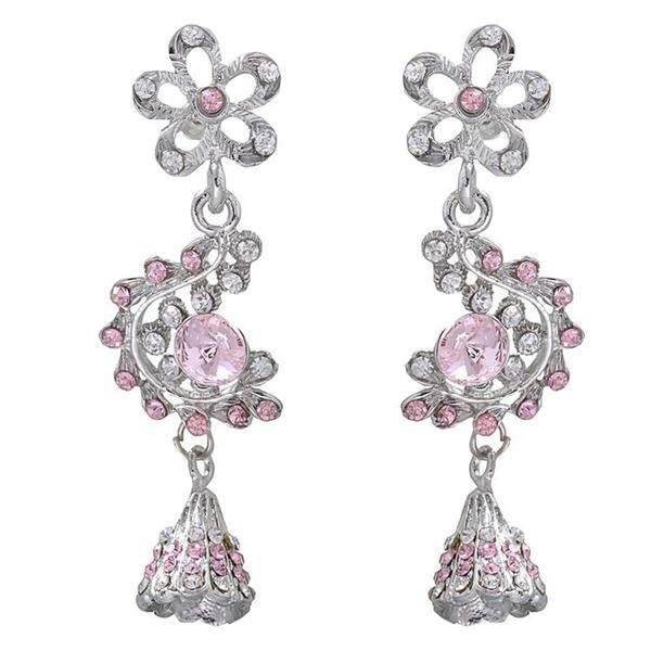 Kriaa Pink Stone Rhodium Plated Floral Dangler Earrings - 1301214