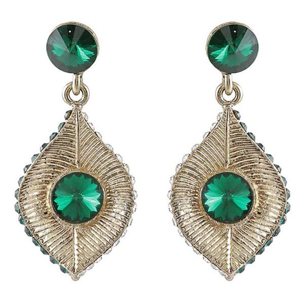 Kriaa Green Stone Antique Gold Plated Dangler Earrings - 1301415