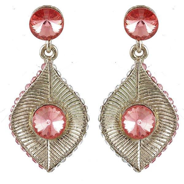 Kriaa Pink Austrian Stone Antique Gold Plated Dangler Earrings - 1301419