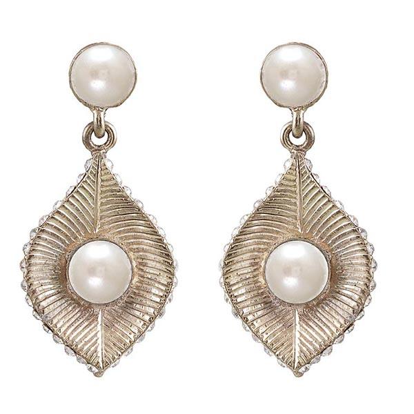 Kriaa White Austrian Stone Pearl Gold Plated Dangler Earrings - 1301435