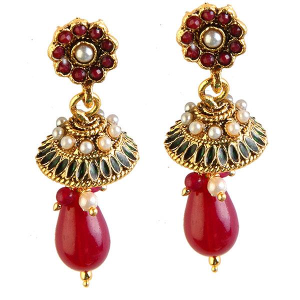 Kriaa  Gold Plated Maroon Pota Stone Drop Dangler Earrings - 1301812