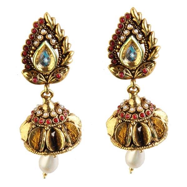 Kriaa Maroon Stone Pearl Drop Dangler Earrings - 1301813