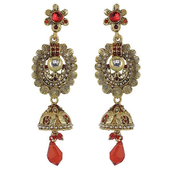 Kriaa Red Austrian Stone Antique Gold Plated Dangler Earrings - 1301903