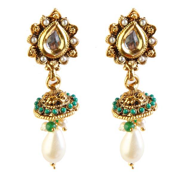 Kriaa Kundan Green Pota Stone Pearl Drop Jhumki Earrings - 1301914