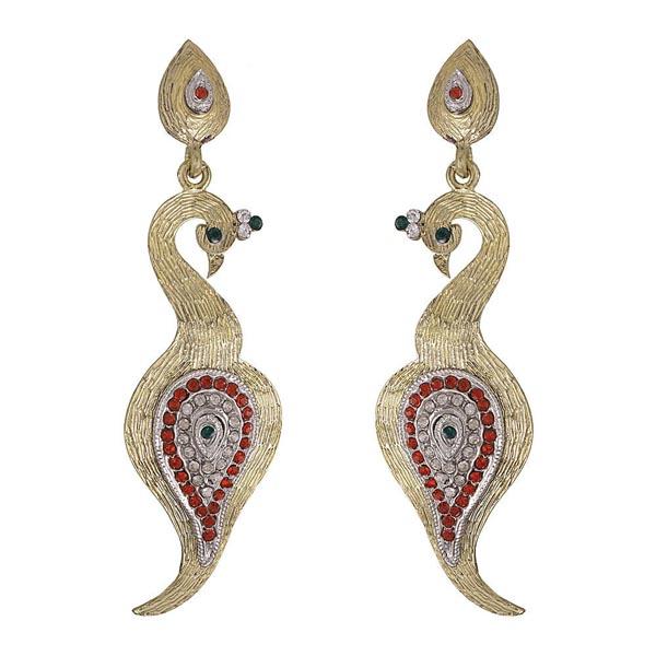 Kriaa Red Austrian Stone Peacock Gold Plated Dangler Earrings - 1302122