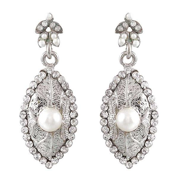 Kriaa White Austrian Stone Pearl Rhodium Plated Dangler Earrings - 1302127
