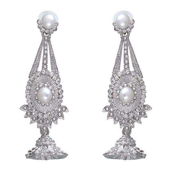 Kriaa Pearl White Austrian Stone Rhodium Plated Dangler Earrings - 1302230