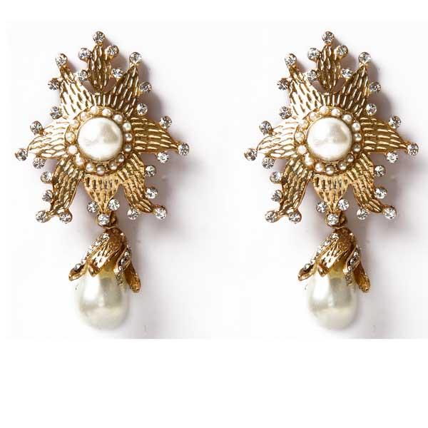 Kriaa Austrian Stone Pearl Drop Gold Plated Dangler Earrings - 1302235