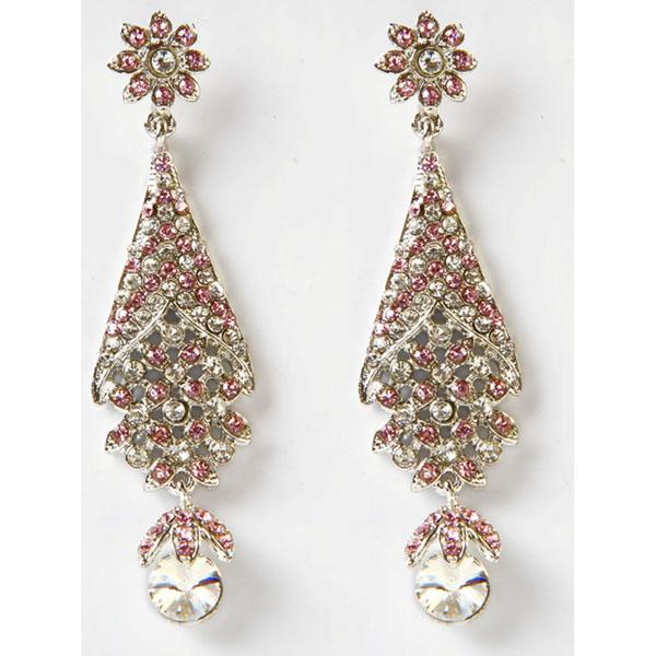 Kriaa Pink Austrian Stone Drop Silver Plated Dangler Earrings - 1302310