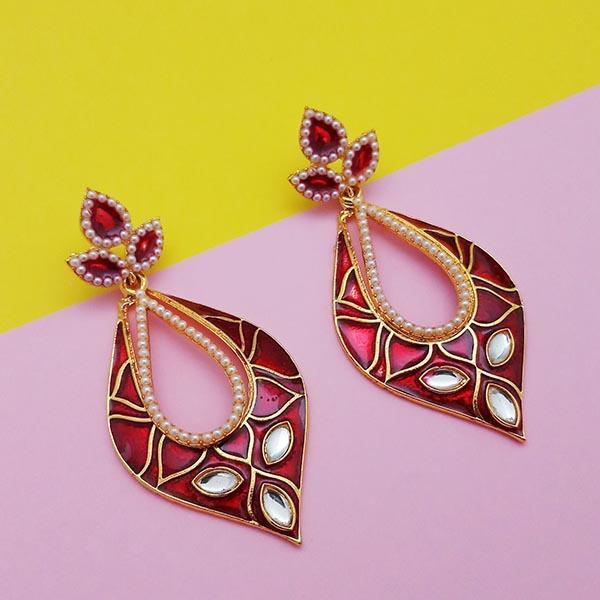 Kriaa Gold Plated Red Kundan Dangler Earrings - 1303106