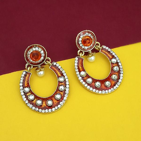 Kriaa Gold Plated Orange Meenakari Austrian Stone Dangler Earrings
