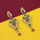 Kriaa Gold Plated Pink Green Stone Dangler Earrings