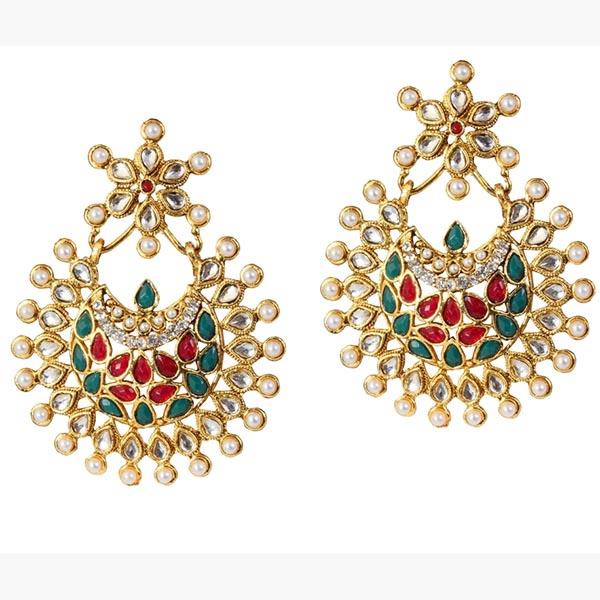 Kriaa Kundan Red & Green Pota Pearl Dangler Earrings - 1303751