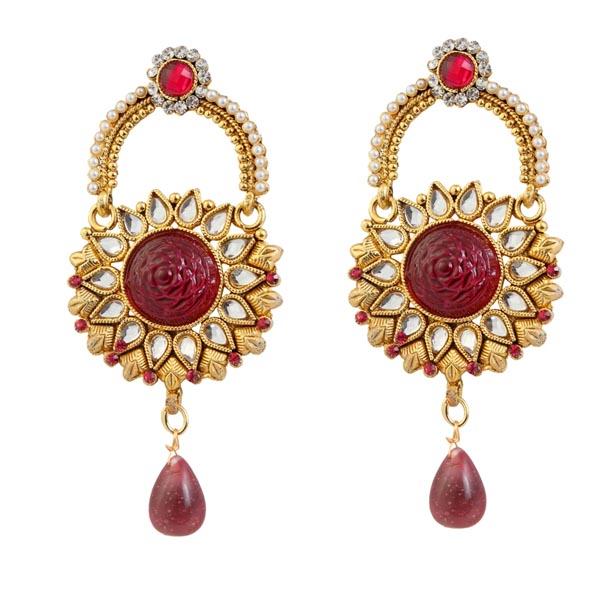 Kriaa Kundan Red Austrian Stone Gold Plated Dangler Earrings - 1303774