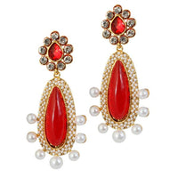 Kriaa Maroon Stone Pearl Gold Plated Dangler Earrings - 1303792