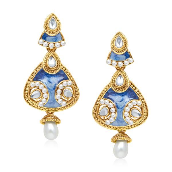 Kriaa Kundan Blue Gold Plated Dangler Earrings - 1304526