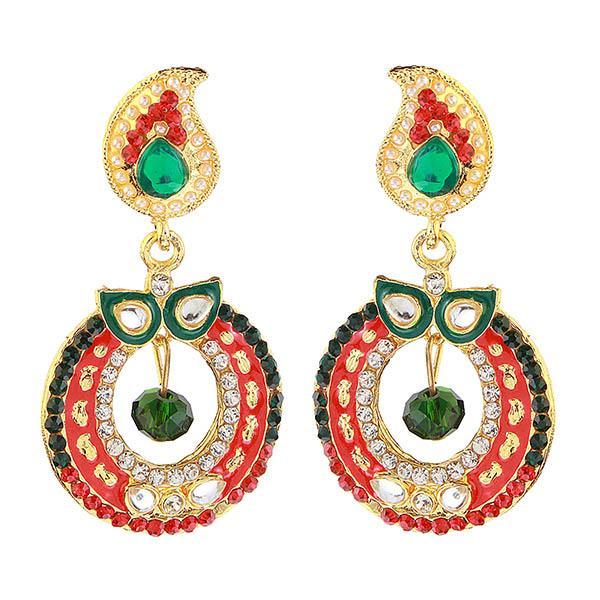 Kriaa Red And Green Meenakari Kundan Dangler Earrings - 1304618