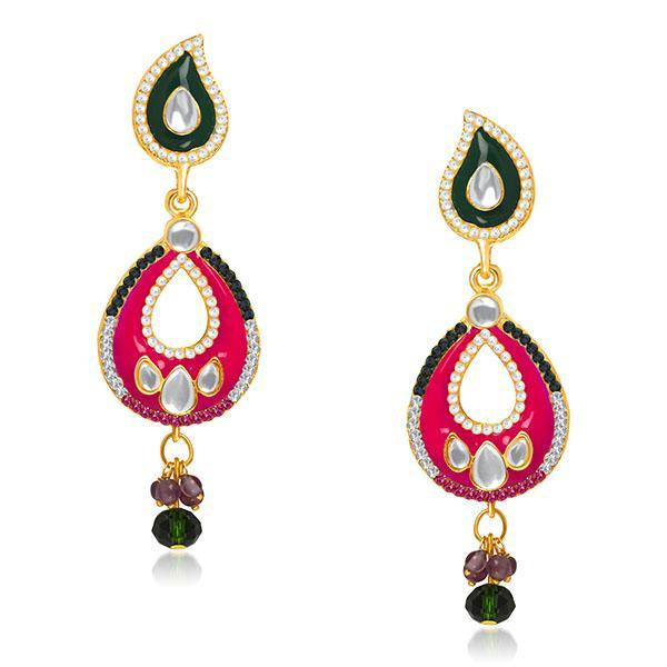 Kriaa Pink And Black Meenakari Kundan Dangler Earrings - 1304627