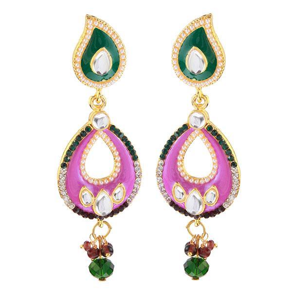 Kriaa Purple And Green Meenakari Kundan Dangler Earrings - 1304628