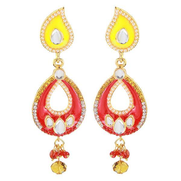 Kriaa Red And Yellow Meenakari Kundan Dangler Earrings - 1304635